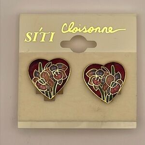 Vintage New Old Stock Floral Heart Shaped Cloisonné Clip-On Earrings (CN23)